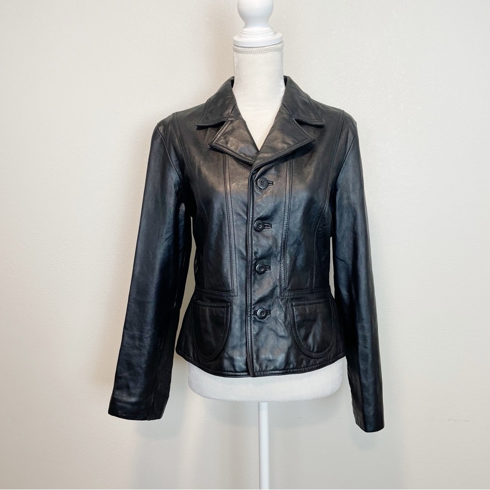 Wilsons Leather Maxima Vintage Leather Button Up Blazer Jacket Black